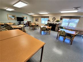 Lyons apartment for rent - a dining room with tables and chairs and a fireplace