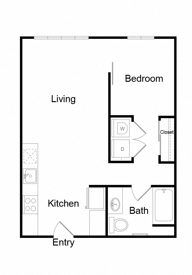 Floor plan for 1 bed, 1 bath, 666 sqft