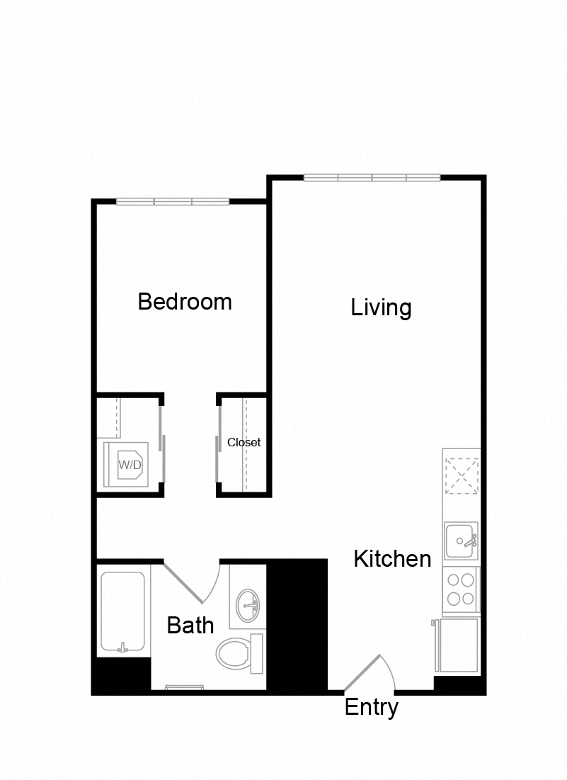 Floor plan for 1 bed, 1 bath, 612 sqft
