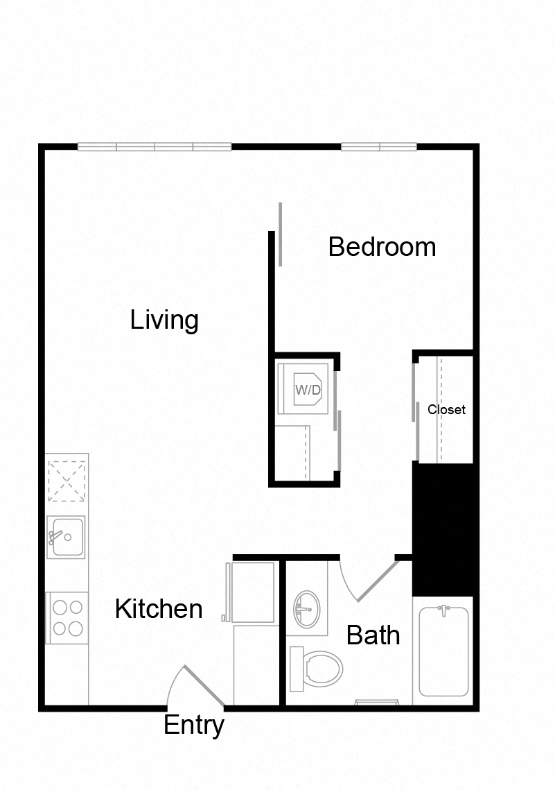 Floor plan for 1 bed, 1 bath, 652 sqft