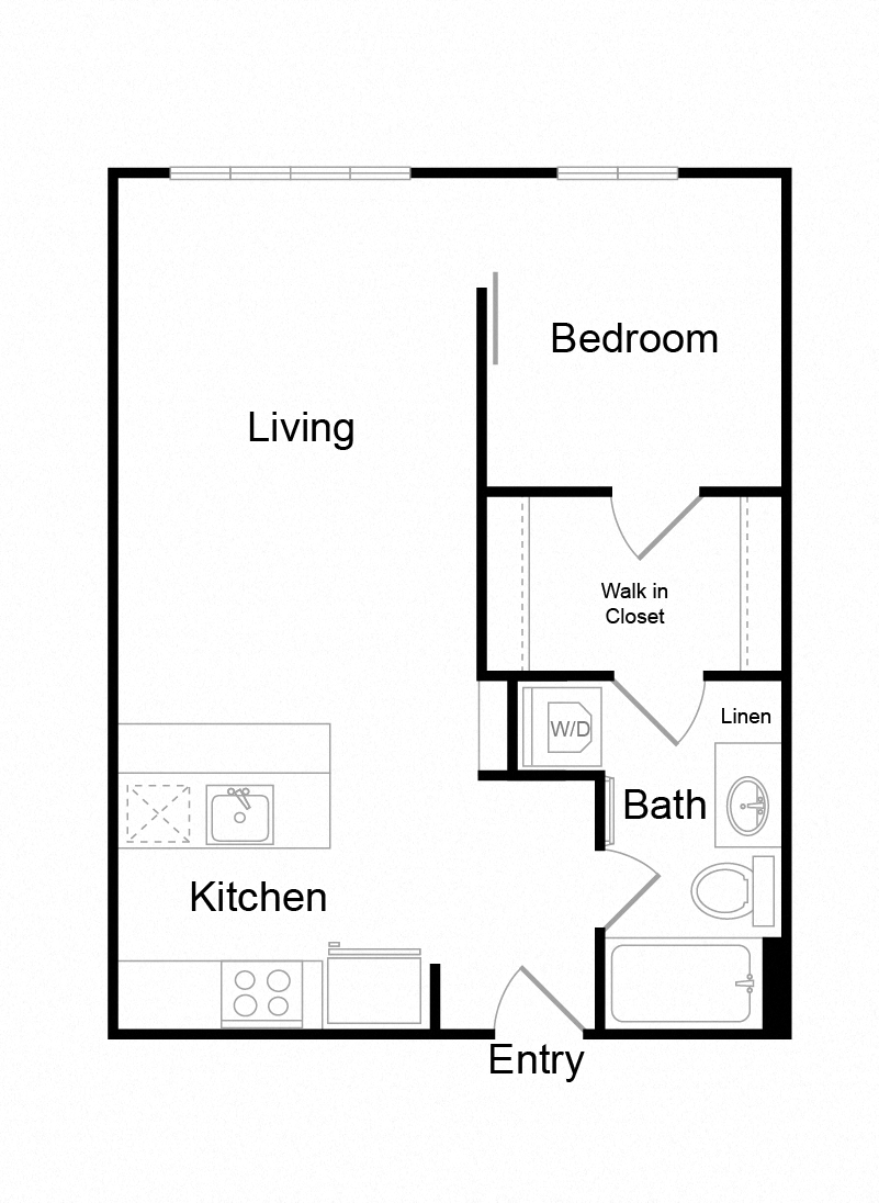 Floor plan for 1 bed, 1 bath, 670 sqft