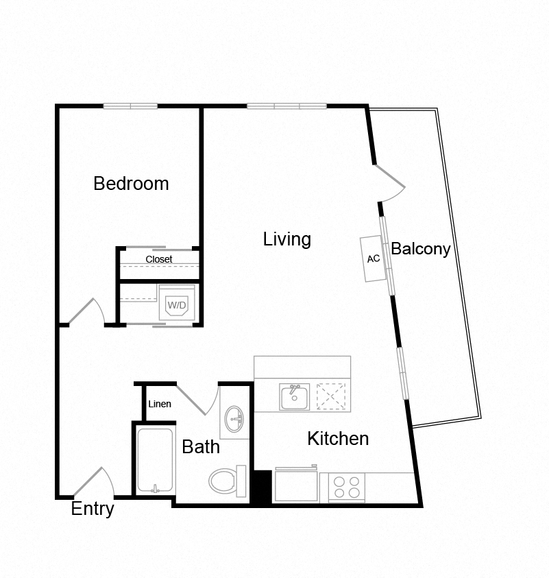 Floor plan for 1 bed, 1 bath, 768 sqft