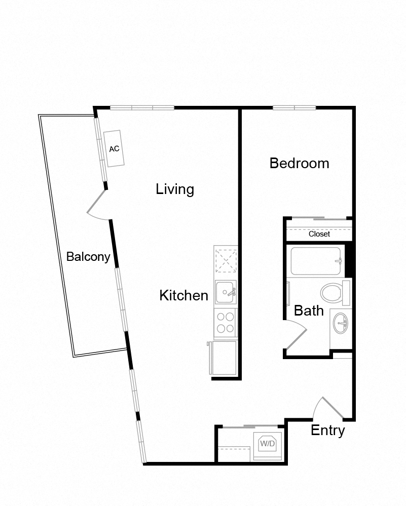 Floor plan for 1 bed, 1 bath, 722 sqft