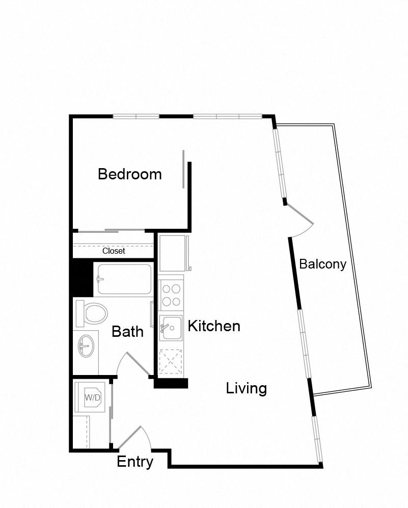 Floor plan for 1 bed, 1 bath, 596 sqft