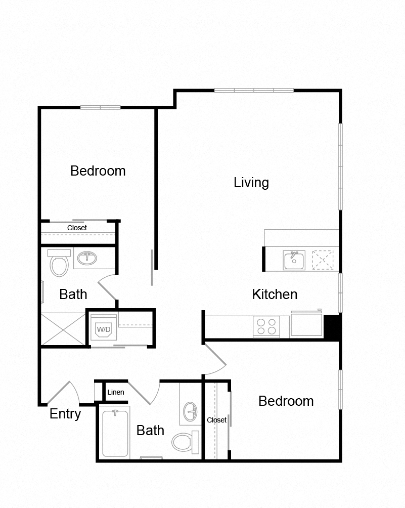 Floor plan for 2 beds, 2 baths, 1031 sqft