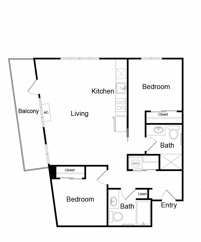 Floor plan for 2 beds, 2 baths, 943 sqft