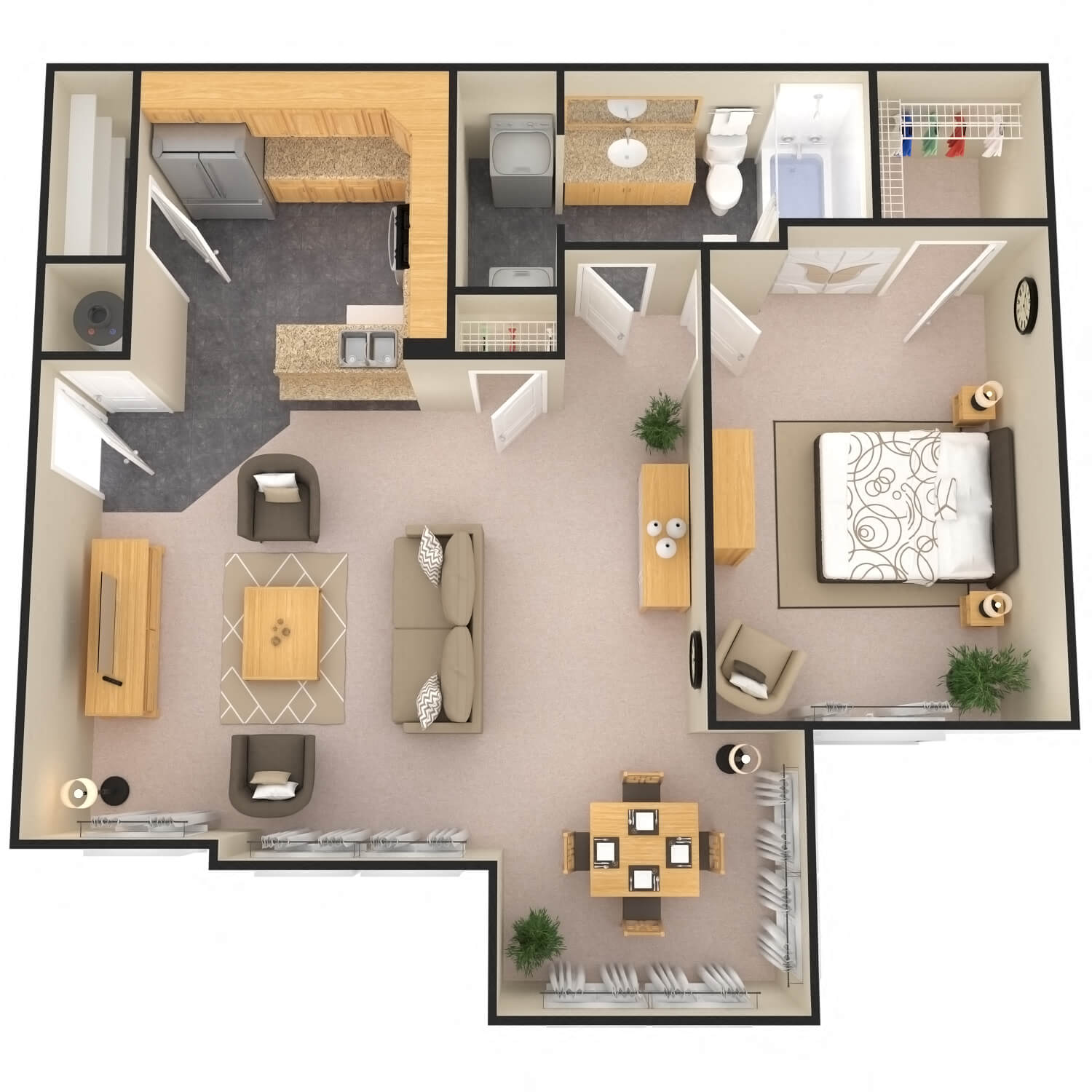 Floor plan for 1 bed, 1 bath, 879 sqft