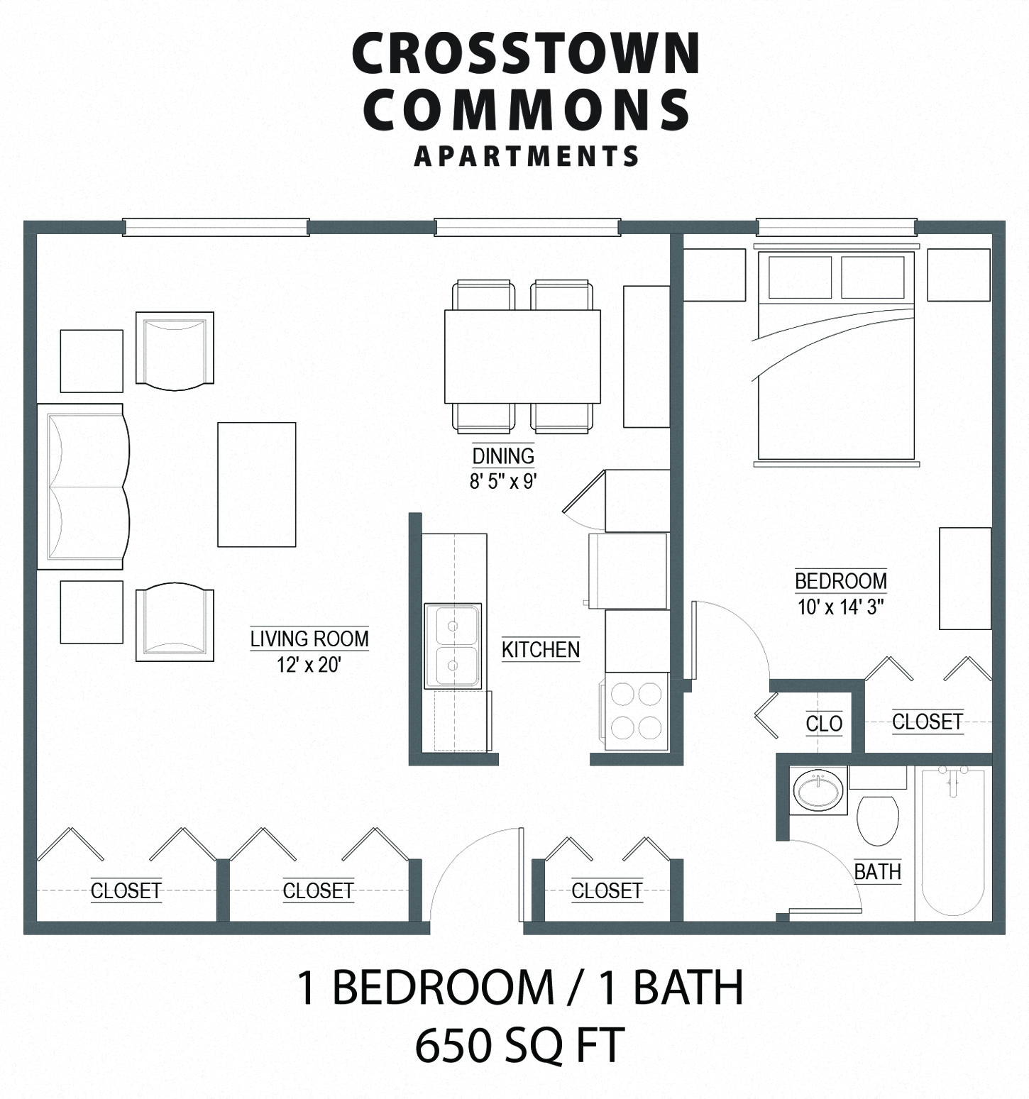 Floor plan for 1 bed, 1 bath, 650 sqft