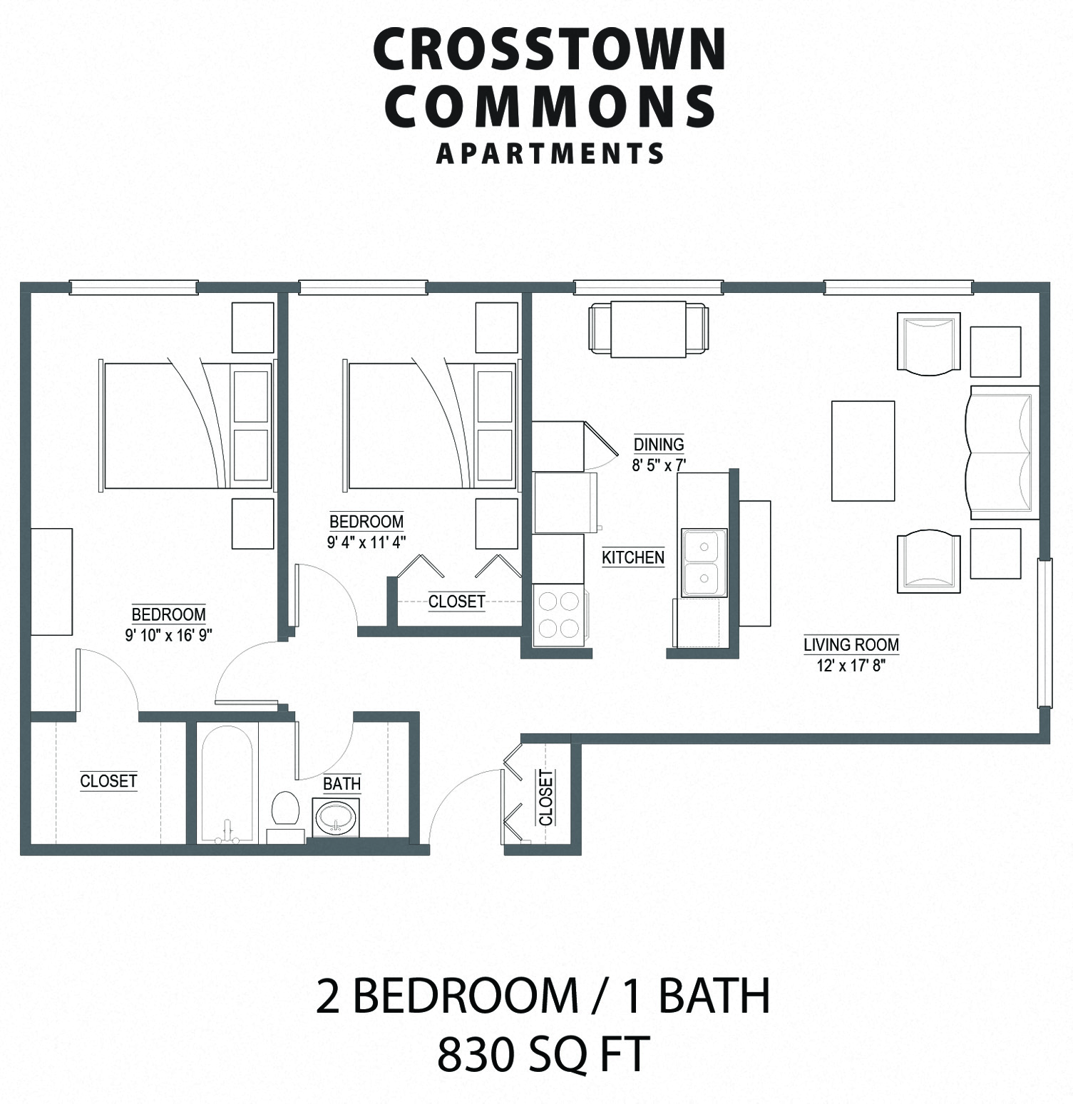 Floor plan for 2 beds, 1 bath, 830 sqft
