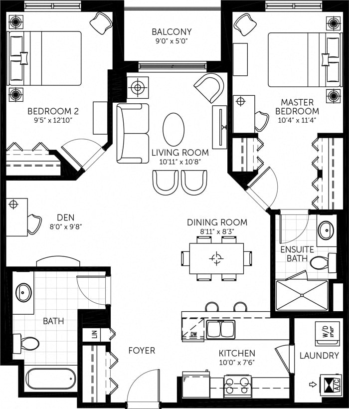 Floor plan for 2 beds, 2 baths, 1150 sqft