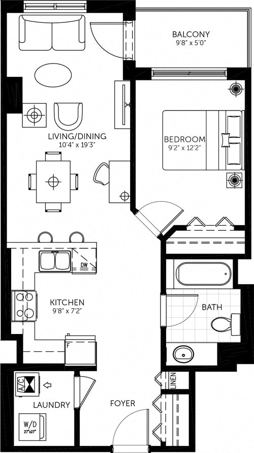 Floor plan for 1 bed, 1 bath, 710 sqft