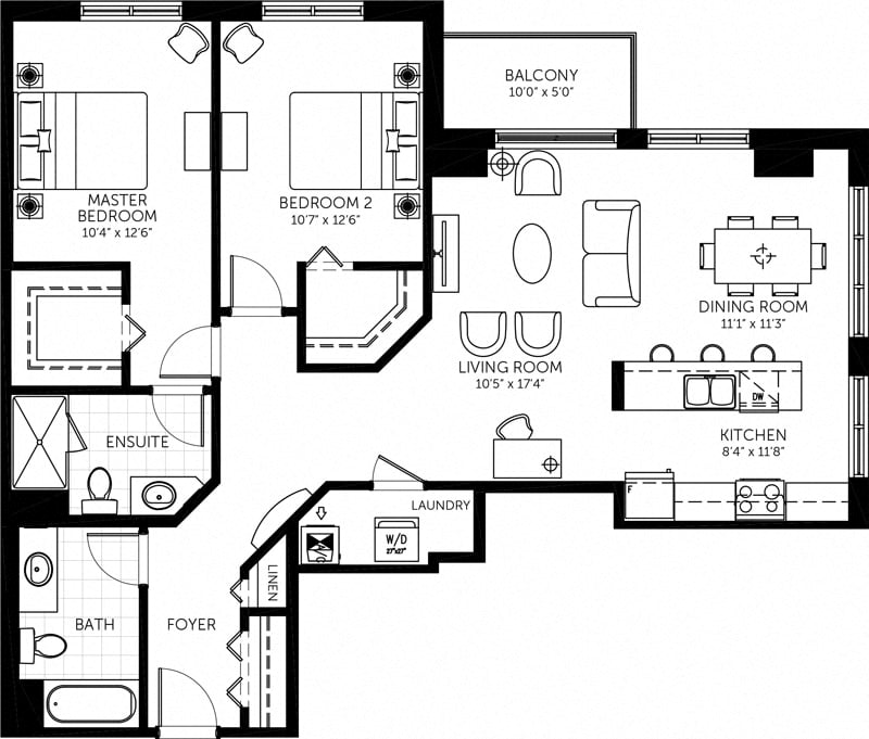Floor plan for 2 beds, 2 baths, 1280 sqft