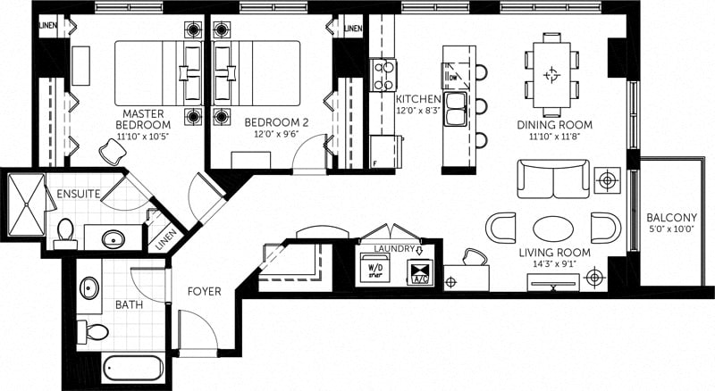 Floor plan for 2 beds, 2 baths, 1170 sqft
