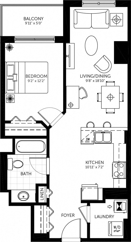 Floor plan for 1 bed, 1 bath, 685 sqft