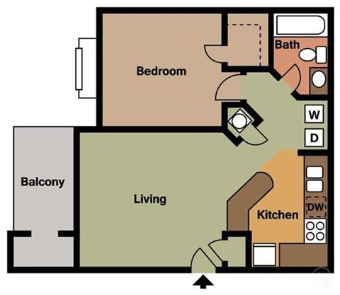 Floor plan for 1 bed, 1 bath, 602 sqft