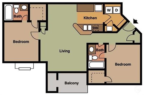 Floor plan for 2 beds, 2 baths, 1000 sqft