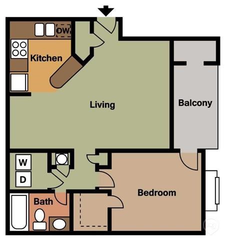 Floor plan for 1 bed, 1 bath, 800 sqft