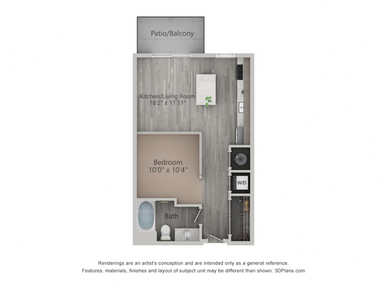 Floor plan for studio, 1 bath, 582 sqft