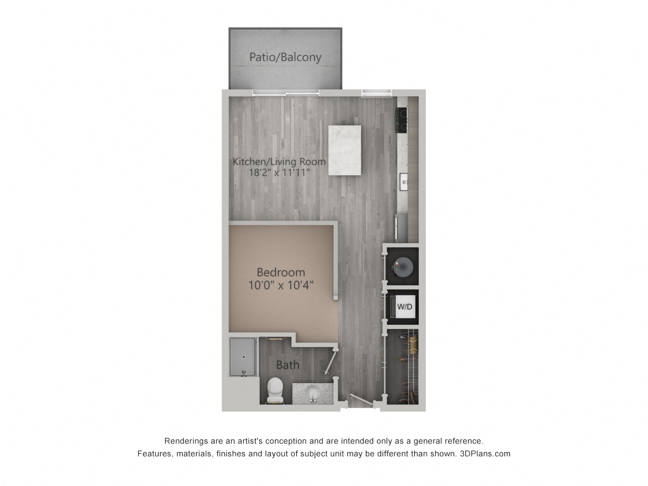 Floor plan for studio, 1 bath, 582 sqft