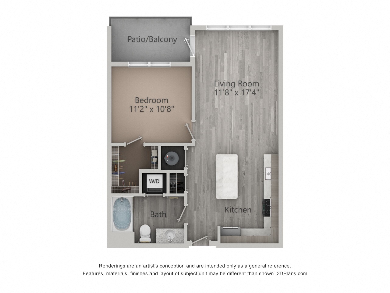 Floor plan for 1 bed, 1 bath, 679 sqft