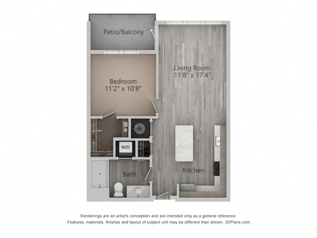 Floor plan for 1 bed, 1 bath, 679 sqft