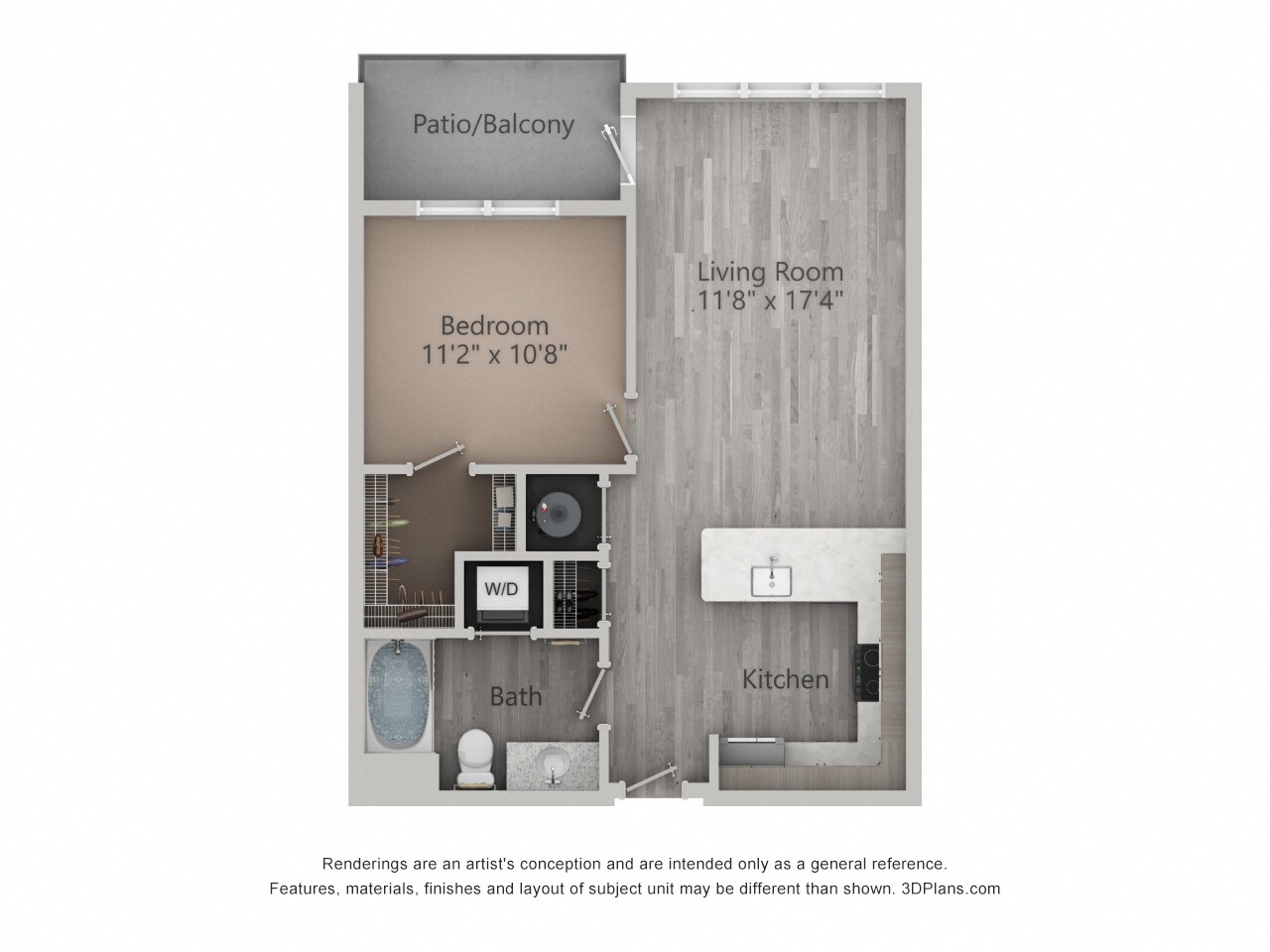 Floor plan for 1 bed, 1 bath, 679 sqft