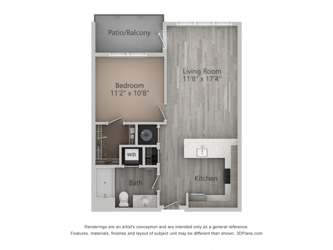 Floor plan for 1 bed, 1 bath, 679 sqft