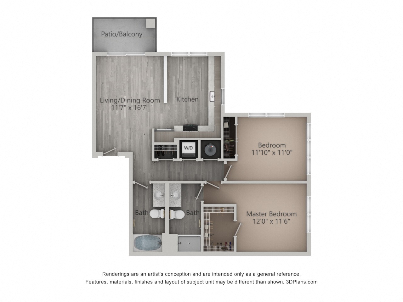 Floor plan for 2 beds, 2 baths, 1007 sqft