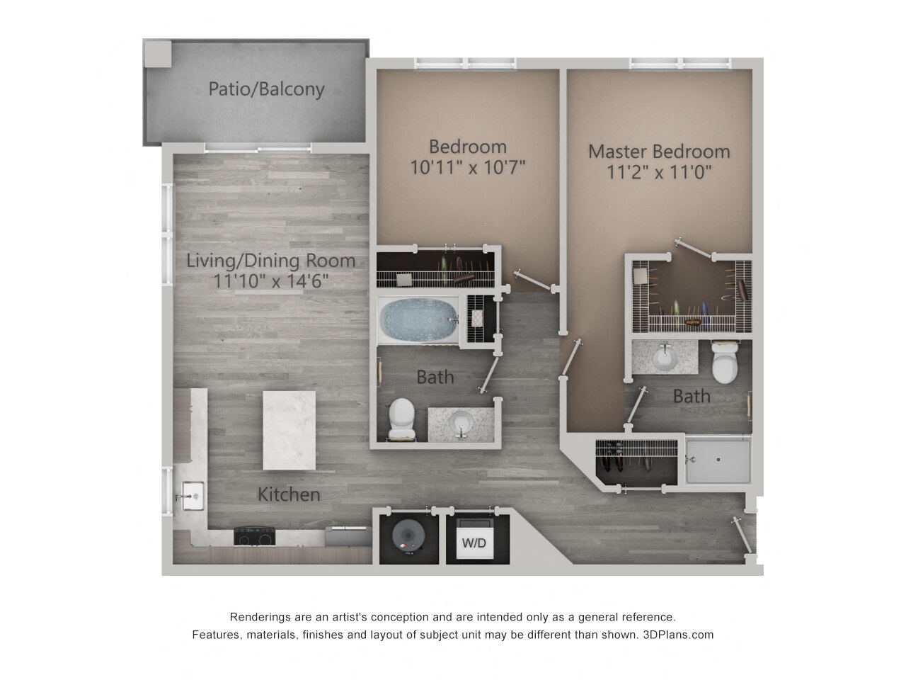 Floor plan for 2 beds, 2 baths, 1033 sqft