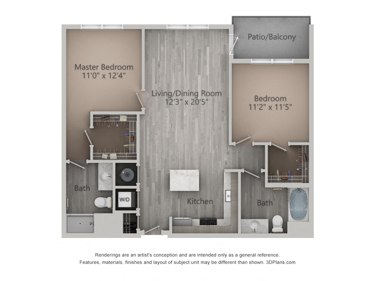 Floor plan for 2 beds, 2 baths, 1048 sqft