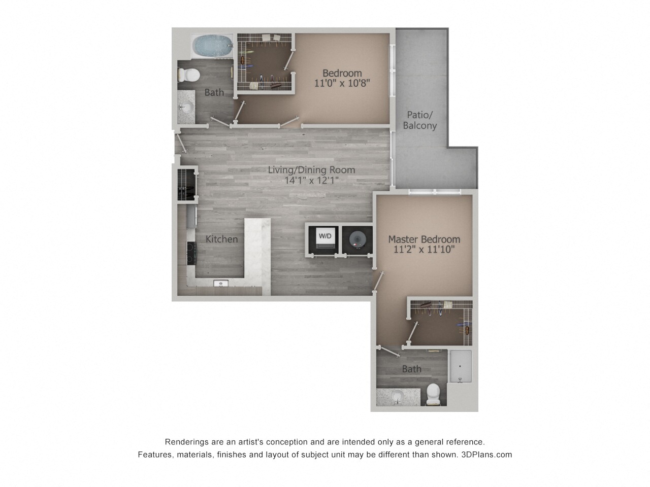 Floor plan for 2 beds, 2 baths, 1081 sqft