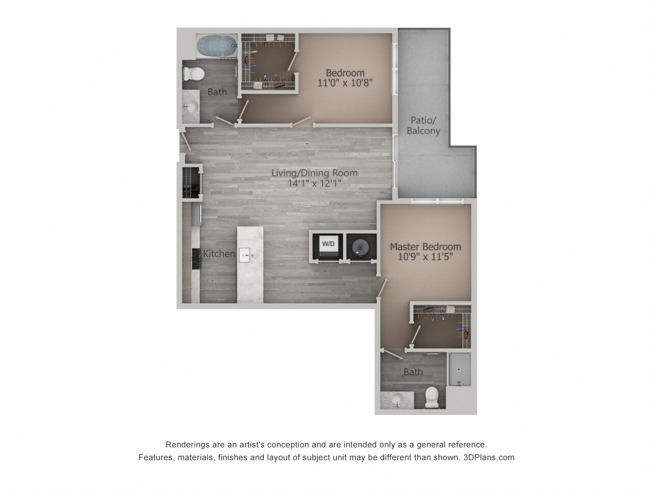 Floor plan for 2 beds, 2 baths, 1103 sqft