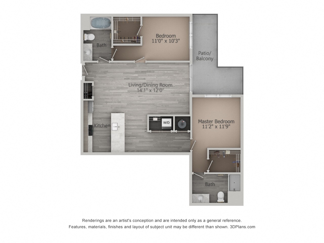 Floor plan for 2 beds, 2 baths, 1134 sqft