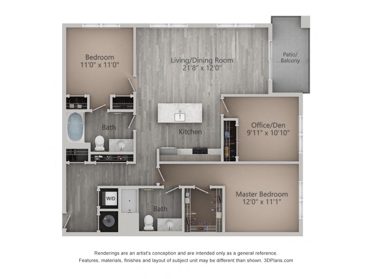 Floor plan for 2 beds, 2 baths, 1293 sqft