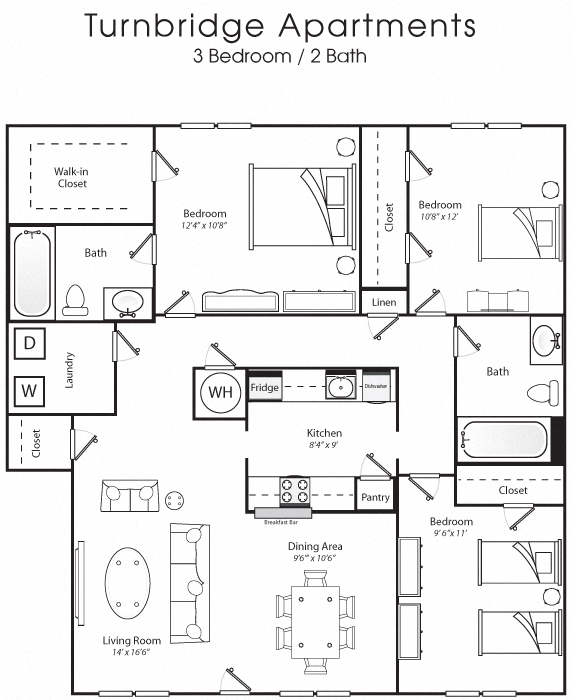 Floor plan for 3 beds, 2 baths, 1156 sqft
