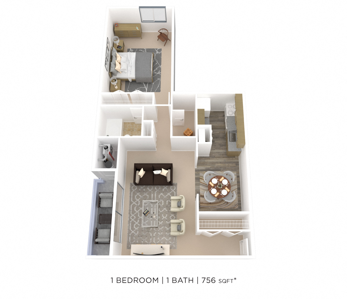 Floor plan for 1 bed, 1 bath, 756 sqft