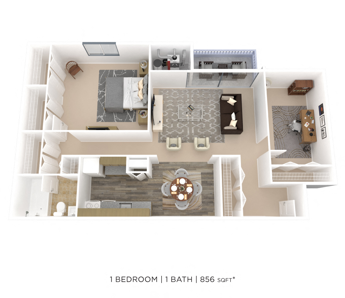 Floor plan for 1 bed, 1 bath, 856 sqft