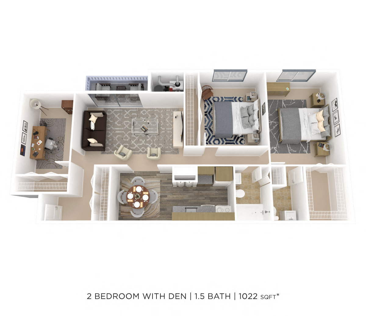 Floor plan for 2 beds, 1.5 baths, 1022 sqft