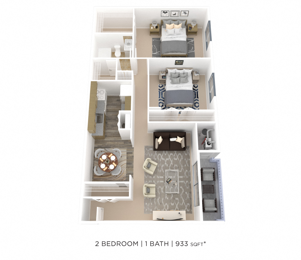 Floor plan for 2 beds, 1 bath, 933 sqft