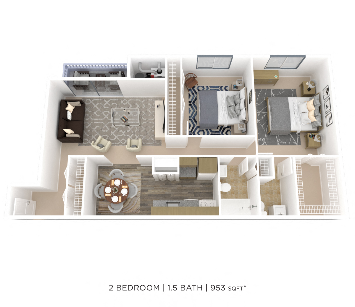 Floor plan for 2 beds, 1.5 baths, 953 sqft