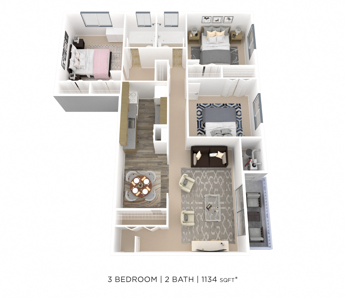 Floor plan for 3 beds, 2 baths, 1134 sqft