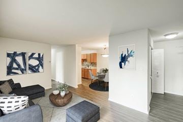 Alexandria apartment for rent - A living room with a grey sofa and a wooden coffee table.