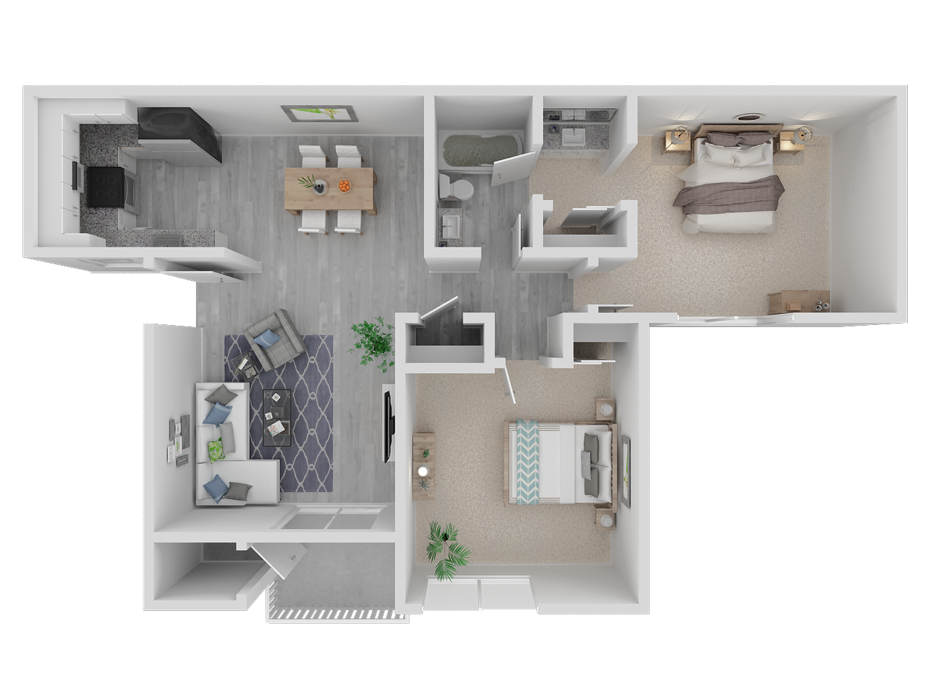 Floor plan for 2 beds, 1.5 baths, 835 sqft