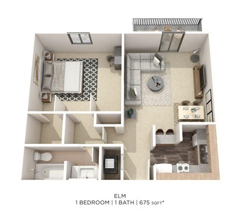 Floor plan for 1 bed, 1 bath, 675 sqft