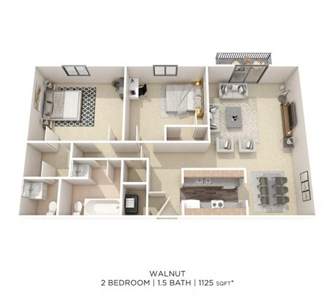 Floor plan for 2 beds, 1.5 baths, 1125 sqft