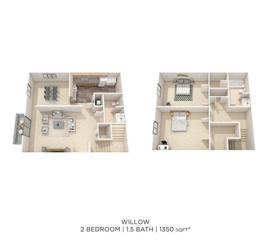 Floor plan for 2 beds, 1.5 baths, 1350 sqft
