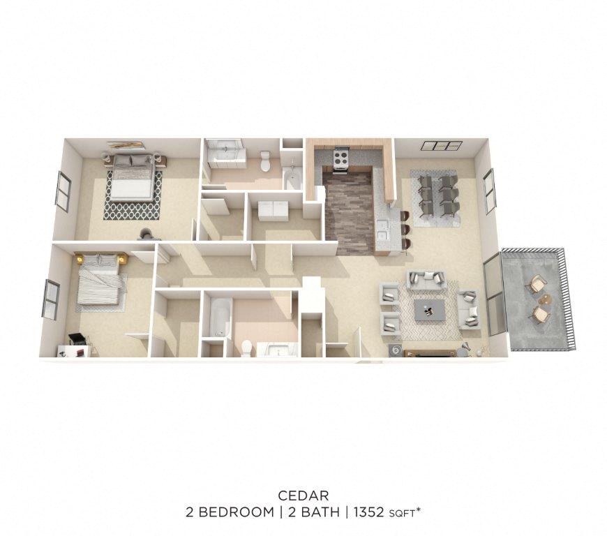 Floor plan for 2 beds, 2 baths, 1350 sqft