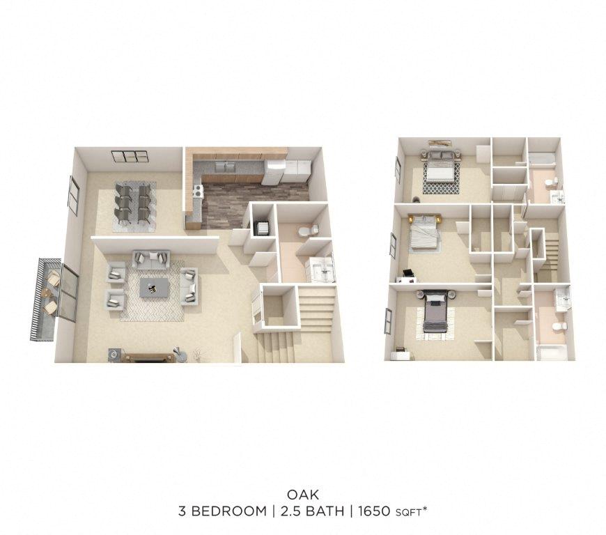 Floor plan for 3 beds, 2.5 baths, 1650 sqft