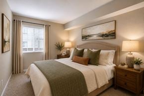 Hermitage apartment for rent - A bedroom with a large bed and a painting on the wall.