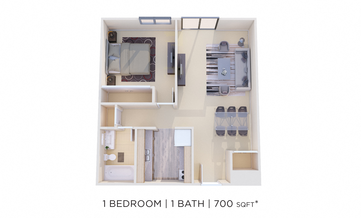 Floor plan for 1 bed, 1 bath, 700 sqft